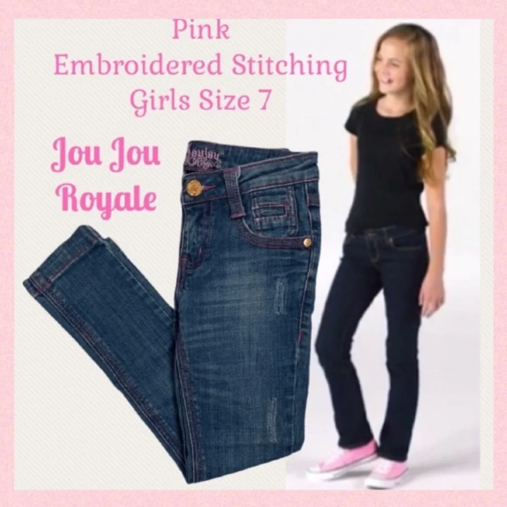 Vintage Y2K Jeans Pink Embroidered Distressed Medium Wash Denim Girls Size